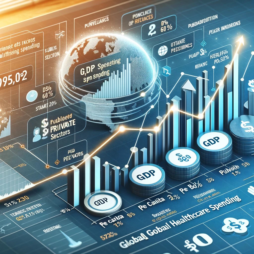 DALL·E 2024-05-17 23.50.27 - An infographic displaying the growth of global healthcare spending over the past decade, featuring a graph with upward trends and annotations highligh