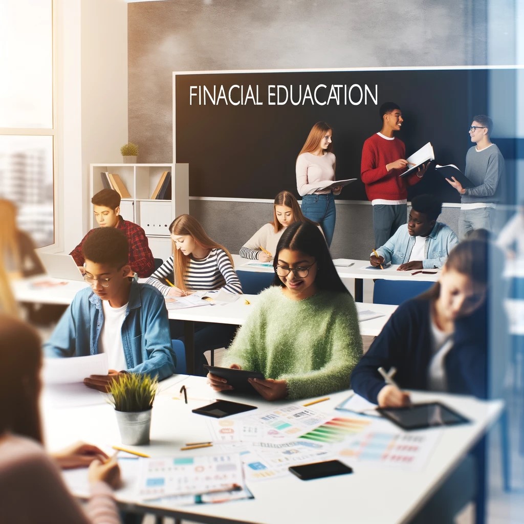 DALL·E 2024-05-17 23.53.36 - An engaging classroom setting where a diverse group of students is actively participating in a financial education workshop. The classroom is modern a