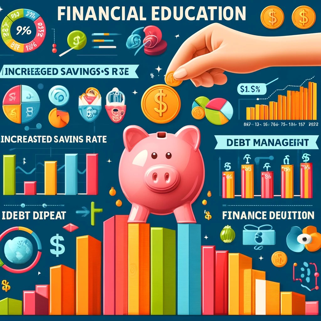 DALL·E 2024-05-17 23.53.37 - A detailed infographic illustrating the impact of financial education on savings behavior, featuring colorful graphs and statistics that show increase