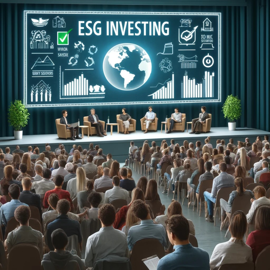 DALL·E 2024-06-05 15.40.10 - An ethical finance seminar with a focus on ESG investing. The setting is a large auditorium filled with attendees of diverse backgrounds. A speaker, v