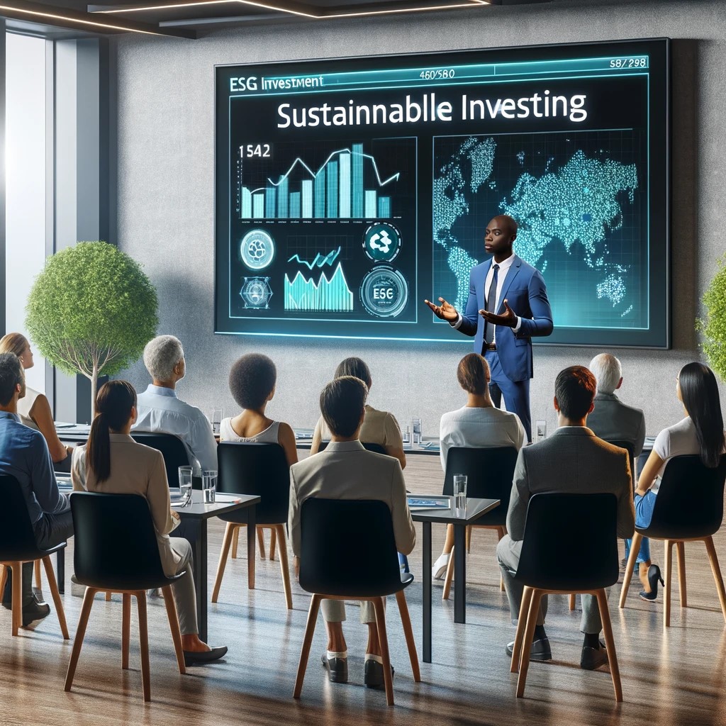 DALL·E 2024-06-06 17.44.44 - A modern financial seminar with a financial advisor giving a presentation on sustainable investing. The seminar room is high-tech with a large digital