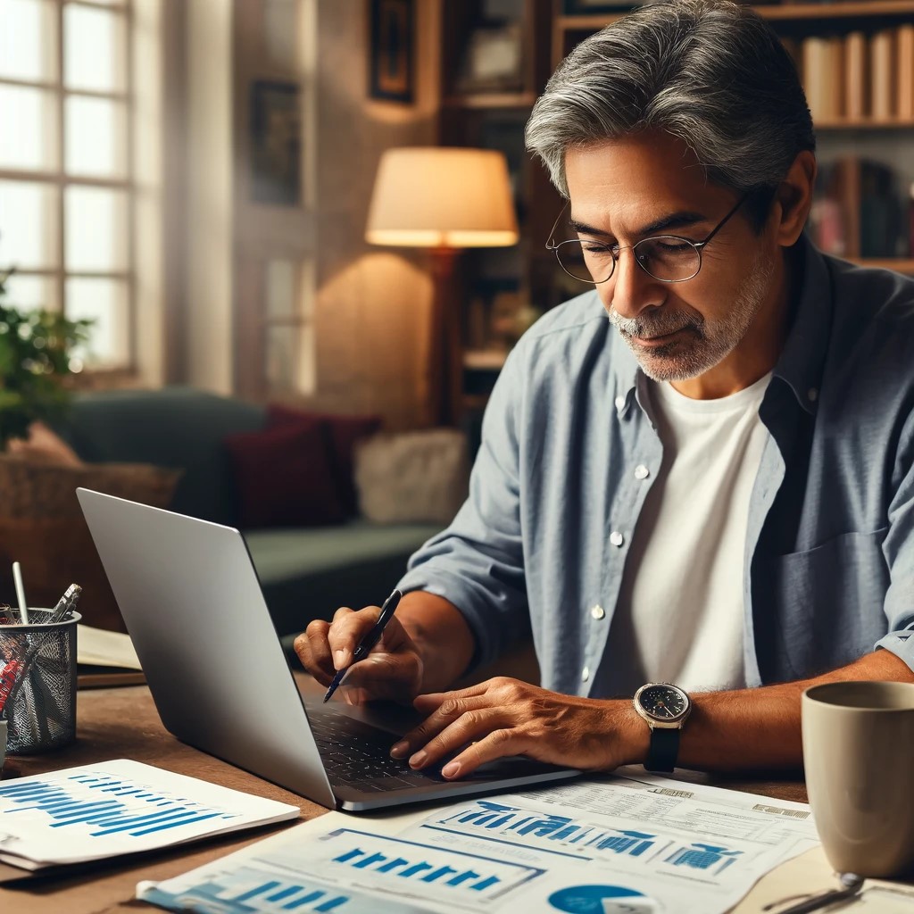 DALL·E 2024-06-05 12.19.18 - An image of a middle-aged Hispanic man reviewing his finances at home, sitting at a table with a laptop open in front of him. The screen shows financi