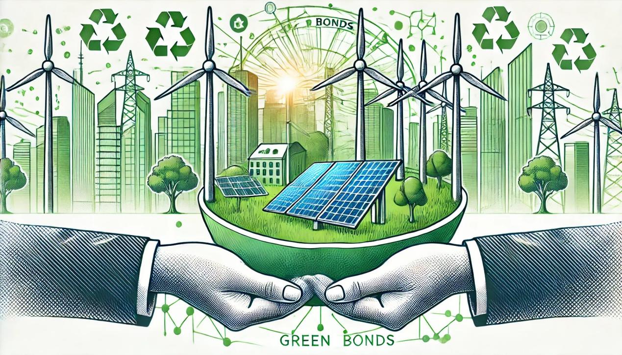 DALL·E 2024-07-06 16.06.16 - An illustration of green bonds being used to finance renewable energy projects. The image shows wind turbines and solar panels with a cityscape in the