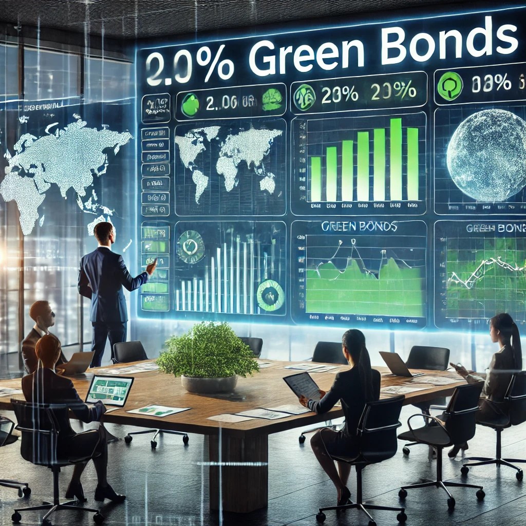 DALL·E 2024-07-07 22.35.20 - An image showing a financial analyst presenting data on green bonds in a conference room, with charts and graphs on screens highlighting the growth an