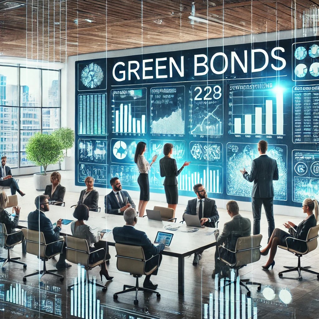 DALL·E 2024-07-07 22.35.18 - An image showing a diverse group of investors and financial analysts in a modern office discussing green bonds, with digital screens displaying data o