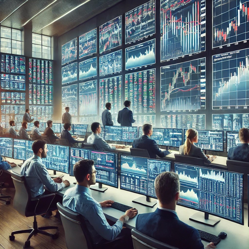 DALL·E 2024-07-07 22.44.26 - A modern financial trading floor bustling with activity, showing traders monitoring multiple screens filled with complex graphs and market data. The s