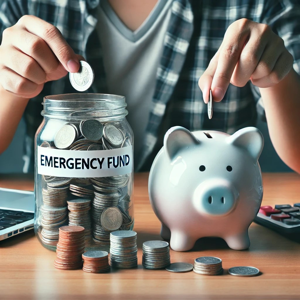 DALL·E 2024-07-28 10.28.08 - A person setting up an emergency fund with stacks of coins and a piggy bank, highlighting the importance of saving for financial stability during lean