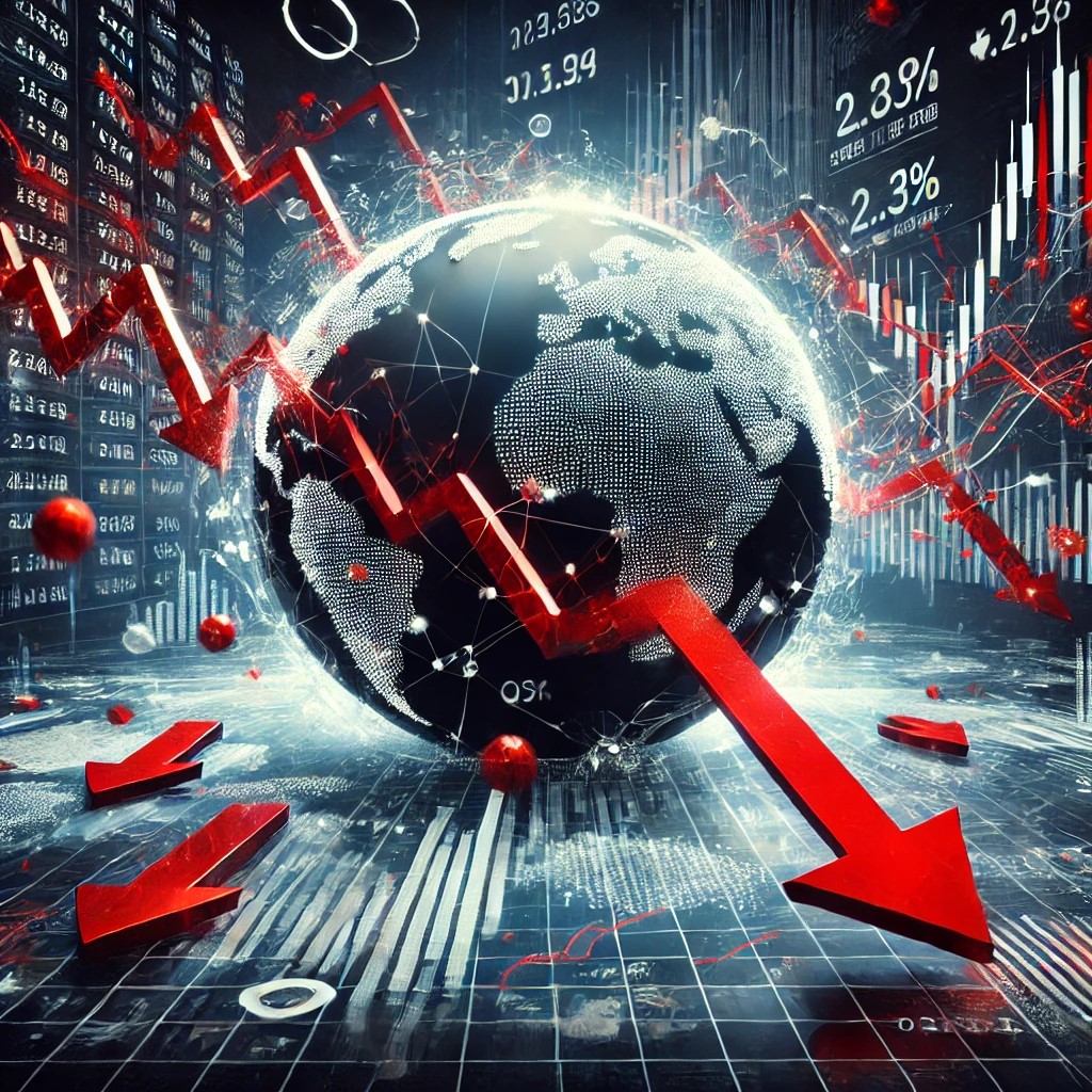 DALL·E 2024-07-28 16.31.44 - A stock market crash scene with red downward arrows and financial graphs showing steep declines, representing the immediate impact of a global financi