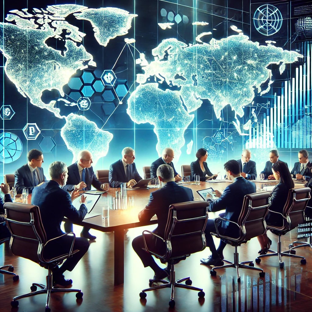 DALL·E 2024-07-28 16.31.45 - A group of global financial leaders in a conference room, collaborating on strategies to stabilize markets during a crisis, symbolizing international 